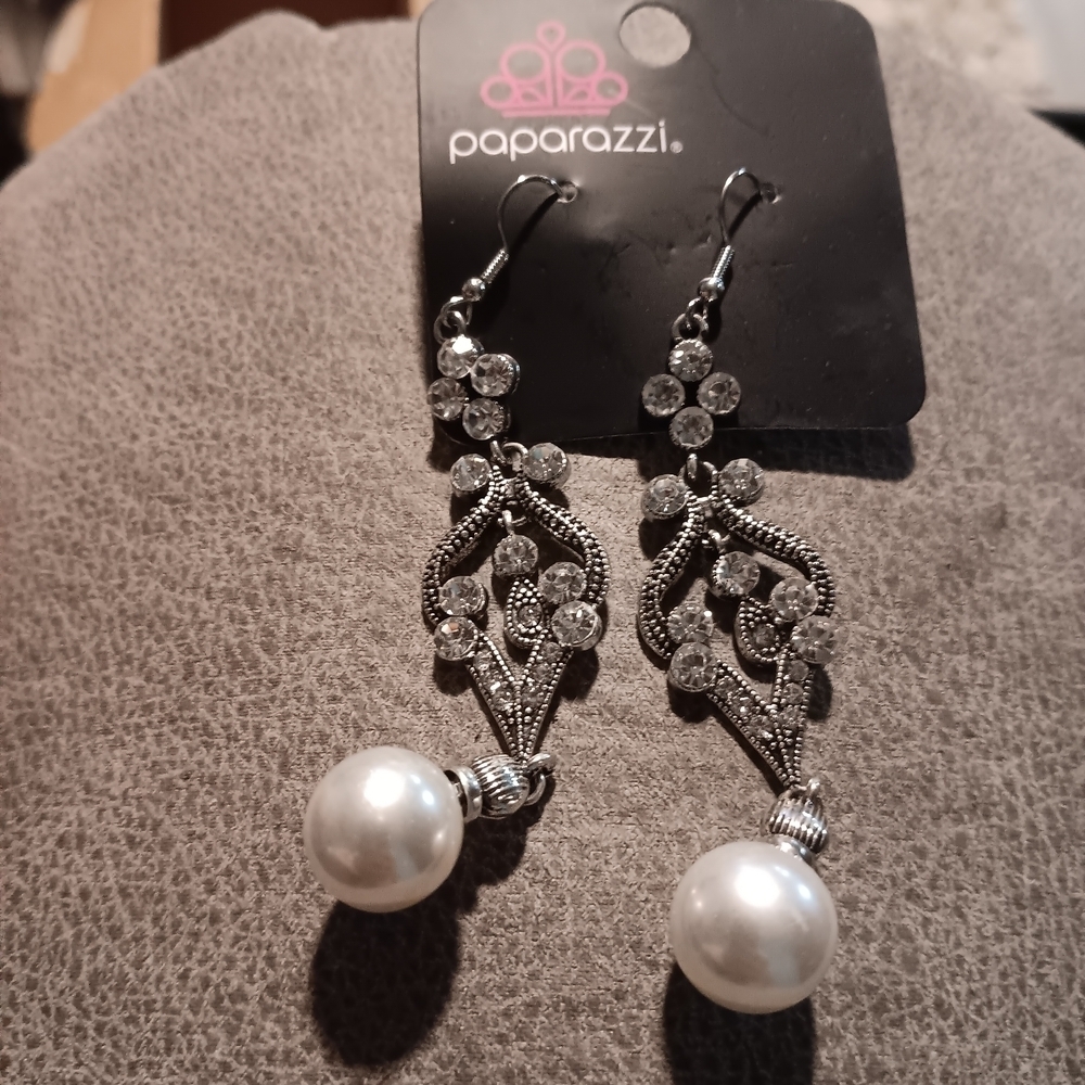 Paparazzi Silver and White Crystal Drop Earrings